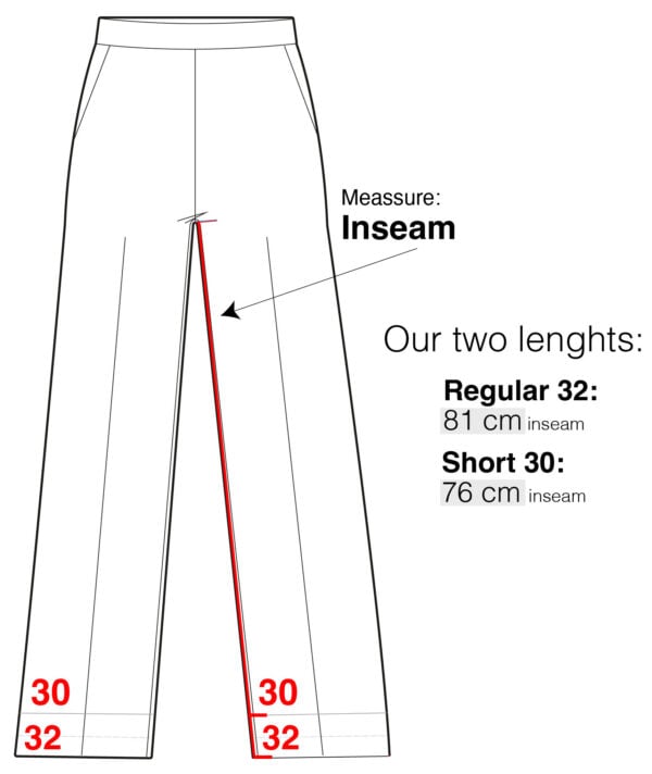 How to measure trouser inseam: Short 30 inches (76 cm) and Regular 32 inches (81 cm).